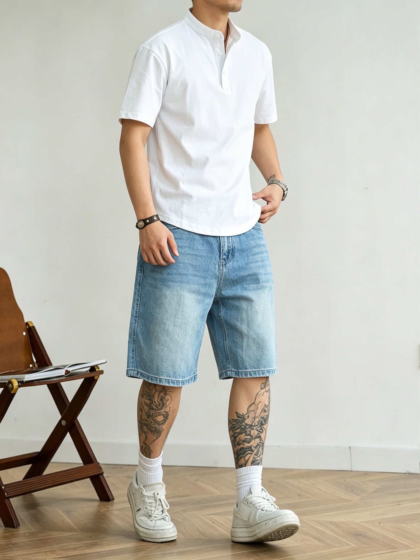 Korean Men Lifestyle - Luźne, niebieskie, nieelastyczne dżinsowe szorty męskie
